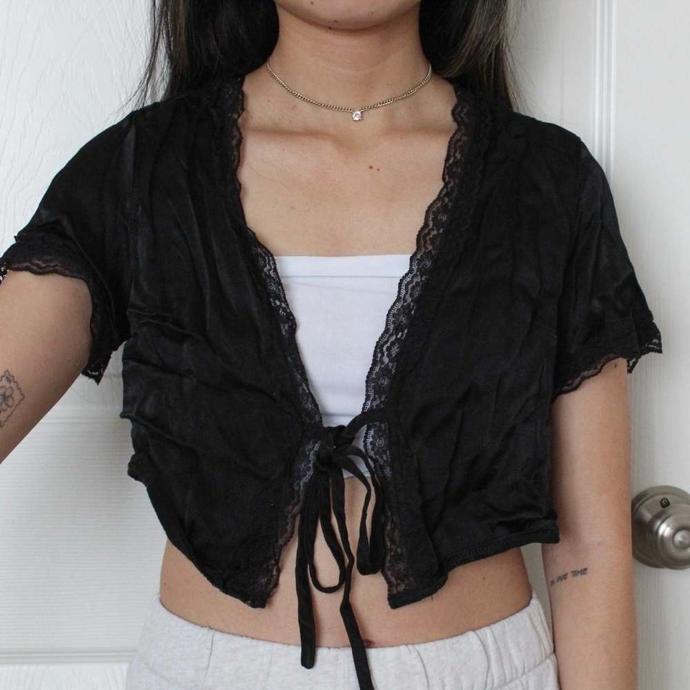 Black Lace Trim Tie-Front Top